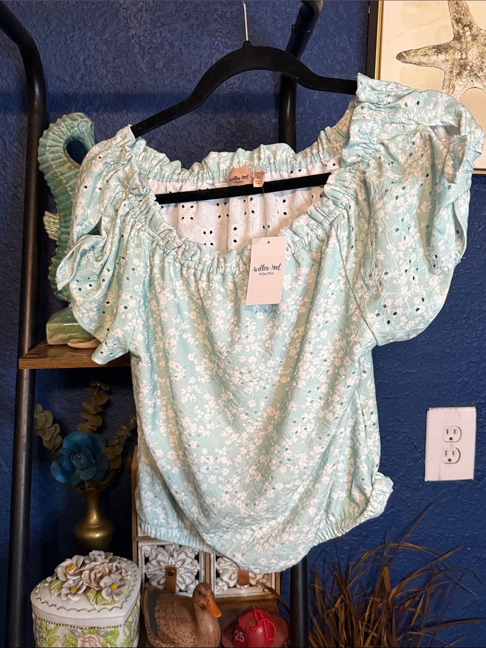 Willow root Mint Floral Puff-Sleeve Blouse